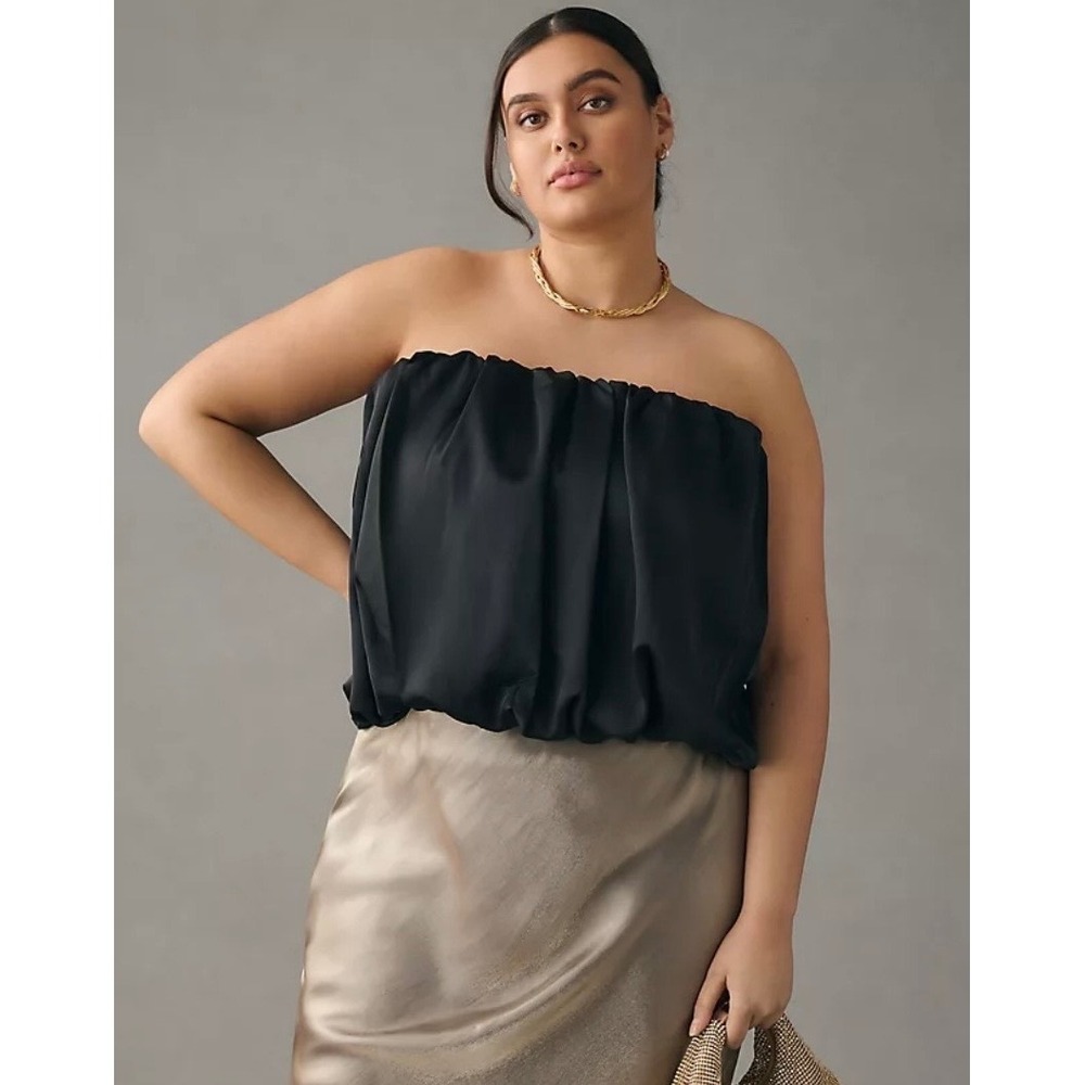 4SI3NNA Anthropologie Black Satin Bubble Hem Tube Top XLP Petite NEW